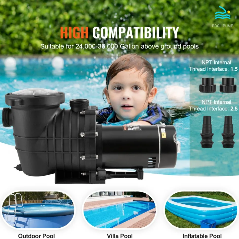 VEVOR Above Ground Pool Pump, 2 HP, 110 GPM Max Flow Single Speed Swimming Pool Pump, 110V/240V 3450 RPM 59 ft Max Head Pool Pump with Filter Basket, for Above Ground Pools Hot Tubs Spas