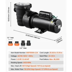 VEVOR Above Ground Pool Pump, 2HP/0.44HP, Dual Speed Swimming Pool Pump, High 118 GPM 56 ft Lift, Low 57 GPM 14 ft Lift, 110V 3450 RPM with Strainer Basket, 122°F Max Water Temp, for Hot Tubs Spas
