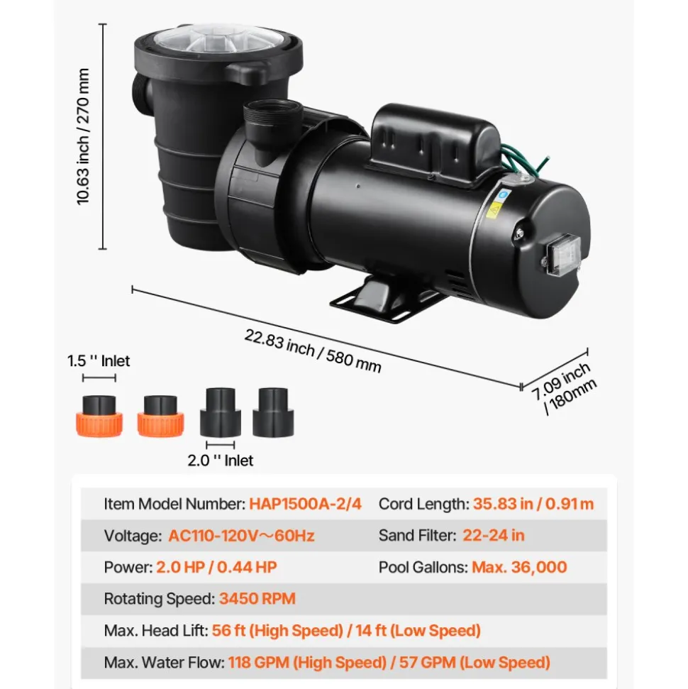 VEVOR Above Ground Pool Pump, 2HP/0.44HP, Dual Speed Swimming Pool Pump, High 118 GPM 56 ft Lift, Low 57 GPM 14 ft Lift, 110V 3450 RPM with Strainer Basket, 122°F Max Water Temp, for Hot Tubs Spas