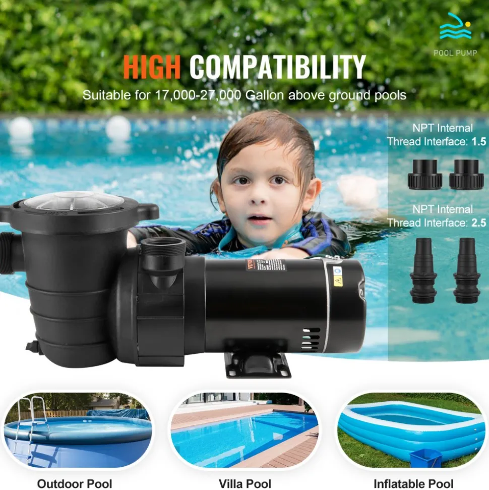 VEVOR Above Ground Pool Pump, 1HP, 80 GPM Max. Flow Single Speed Swimming Pool Pump, 120V 3450 RPM 36 ft Max. Head Lift Pool Pump with Filter Basket, for Above Ground Pools Hot Tubs Spas