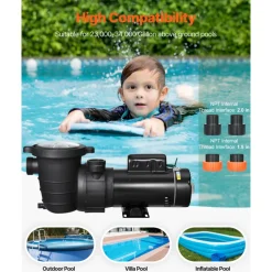 VEVOR Above Ground Pool Pump, 1.5HP/0.35HP, Dual Speed Swimming Pool Pump, High 110 GPM 54 ft Lift, Low 52 GPM 14 ft Lift, 110V 3450 RPM with Strainer Basket, 122°F Max Water Temp, for Hot Tubs Spas