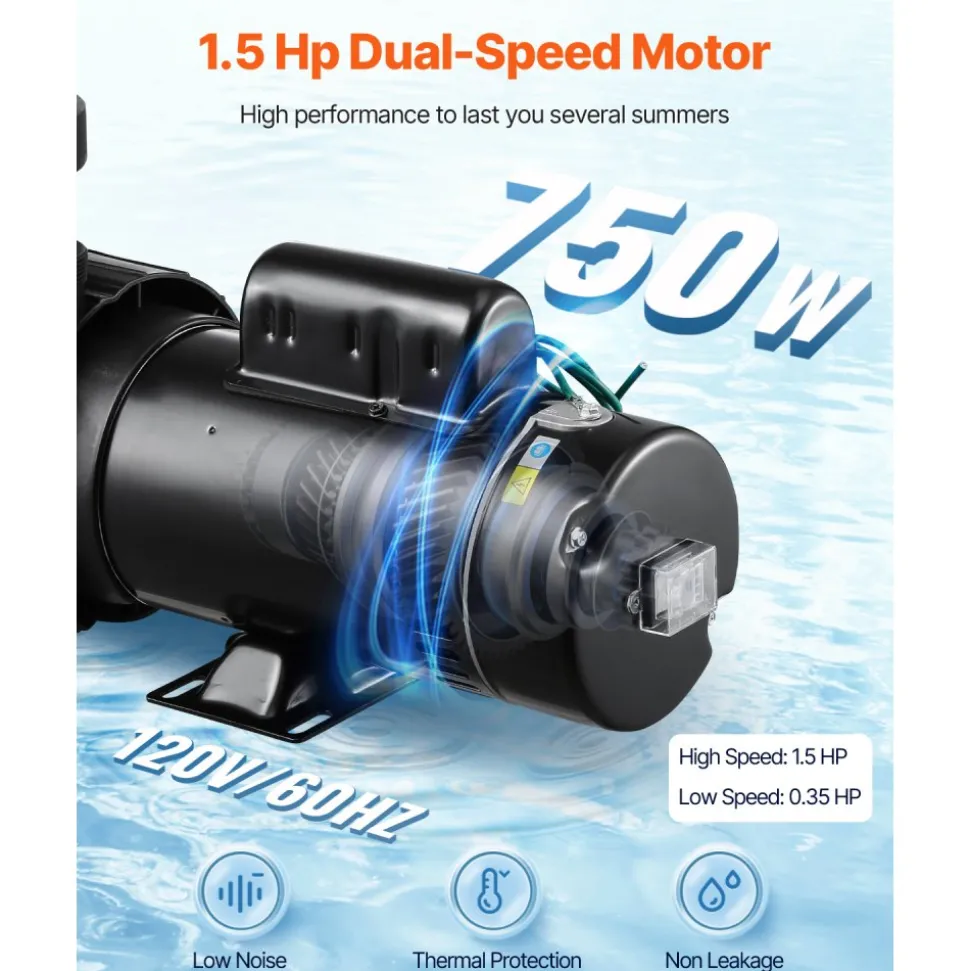 VEVOR Above Ground Pool Pump, 1.5HP/0.35HP, Dual Speed Swimming Pool Pump, High 110 GPM 54 ft Lift, Low 52 GPM 14 ft Lift, 110V 3450 RPM with Strainer Basket, 122°F Max Water Temp, for Hot Tubs Spas