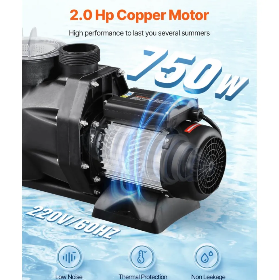 VEVOR Above Ground Pool Pump, 2 HP, 135 GPM Max Flow Single Speed Swimming Pool Pump, 220V 3450 RPM 61 ft Max Head Lift with PP Shell Strainer Basket, 122°F Max Water Temp, for Hot Tubs Spas, No Plug