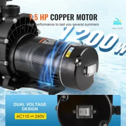 VEVOR Above Ground Pool Pump, 1.5 HP, 100 GPM Single Speed Swimming Pool Pump, 110V/240V 3450 RPM 50.9 ft Max Head Pool Pump with Filter Basket, for Above Ground Pools Hot Tubs Spas