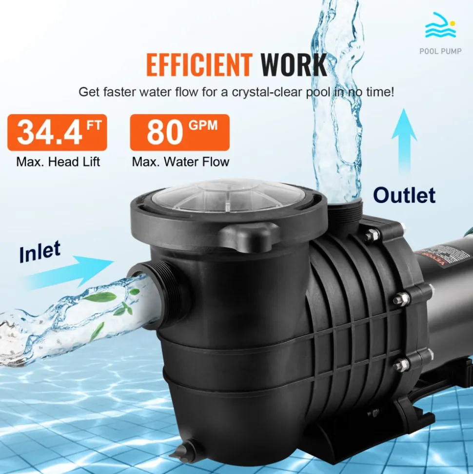 VEVOR Above Ground Pool Pump, 1HP, 80 GPM Max. Flow Single Speed Swimming Pool Pump, 110V/240V 3450RPM 34.4ft Max. Head Pool Pump with Filter Basket, for Above Ground Pools Hot Tubs Spas