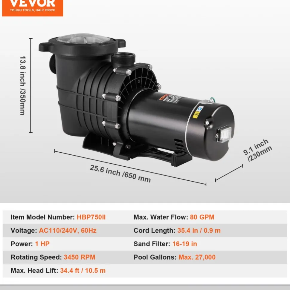 VEVOR Above Ground Pool Pump, 1HP, 80 GPM Max. Flow Single Speed Swimming Pool Pump, 110V/240V 3450RPM 34.4ft Max. Head Pool Pump with Filter Basket, for Above Ground Pools Hot Tubs Spas