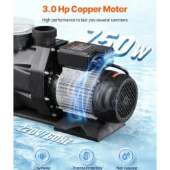 VEVOR Above Ground Pool Pump, 3 HP, 149 GPM Max Flow Single Speed Swimming Pool Pump, 220V 3450 RPM 42 ft Max Head Lift with PP Shell Strainer Basket, 122°F Max Water Temp, for Hot Tubs Spas, No Plug