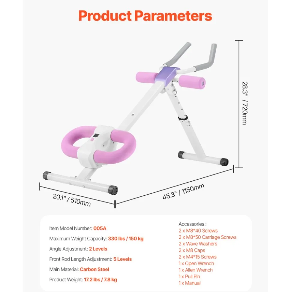 VEVOR AB Workout Machine, Ab Workout Equipment at Home Gym, Core & Abdominal Trainers for Women, 330 lbs Weight Capacity Strength Training Ab Cruncher, Foldable Adjustable Fitness Exerciser