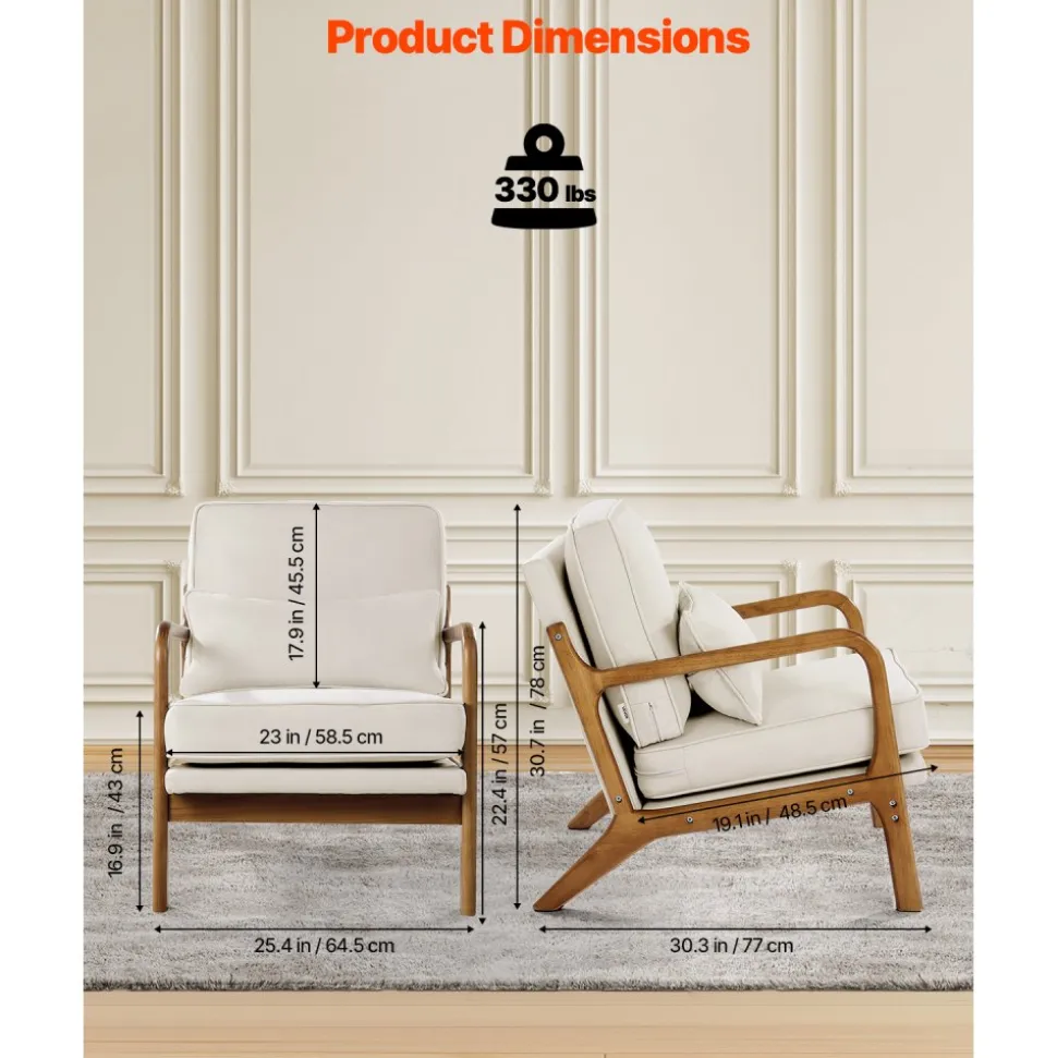 VEVOR Accent Chair, Mid Century Modern Armchair with Solid Wood Frame and Non-Slip Legs, Upholstered Leisure Chair with Linen Fabric and 5.7 in Thickened Cushion, for Living Room, Bedroom, Office