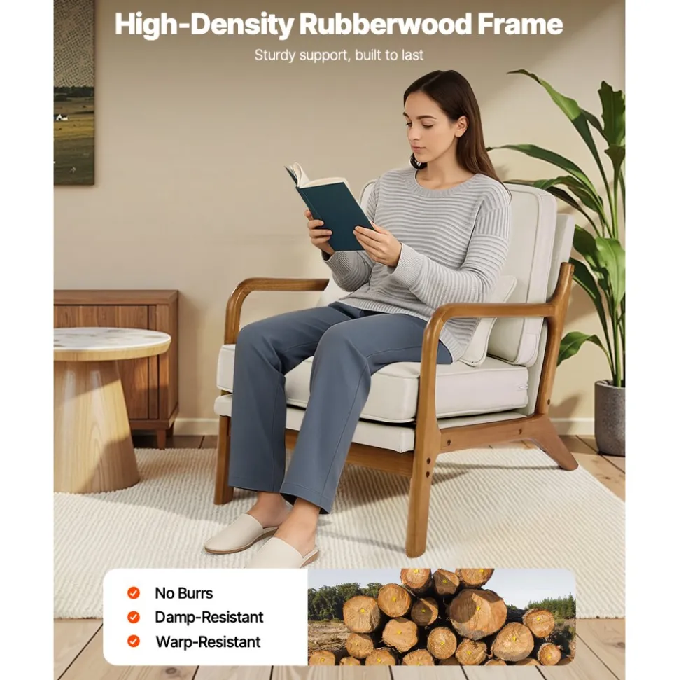 VEVOR Accent Chair, Mid Century Modern Armchair with Solid Wood Frame and Non-Slip Legs, Upholstered Leisure Chair with Linen Fabric and 5.7 in Thickened Cushion, for Living Room, Bedroom, Office