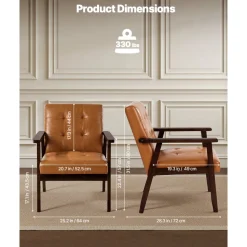 VEVOR Accent Chair, Mid Century Modern Armchair with Solid Wood Frame and Non-Slip Legs, Upholstered Leisure Chair with PU Leather and Soft Cushion, for Living Room, Bedroom, Office