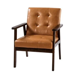 VEVOR Accent Chair, Mid Century Modern Armchair with Solid Wood Frame and Non-Slip Legs, Upholstered Leisure Chair with PU Leather and Soft Cushion, for Living Room, Bedroom, Office