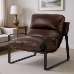 VEVOR Accent Chair, Modern PU Leather Armchair, Cozy Upholstered Chair, with Soft Foam Cushioning, Sturdy Metal Frame, and Detachable Cushion, for Living Room, Bedroom, Reading Room, Office, Brown
