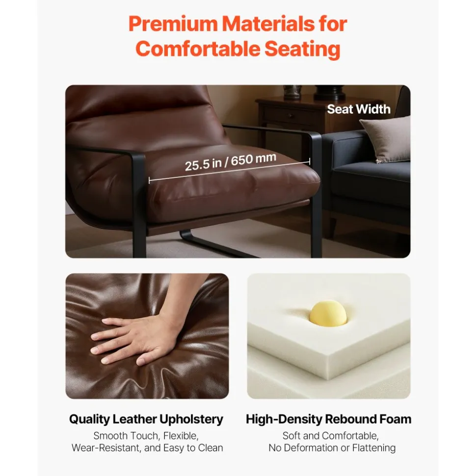 VEVOR Accent Chair, Modern PU Leather Armchair, Cozy Upholstered Chair, with Soft Foam Cushioning, Sturdy Metal Frame, and Detachable Cushion, for Living Room, Bedroom, Reading Room, Office, Brown