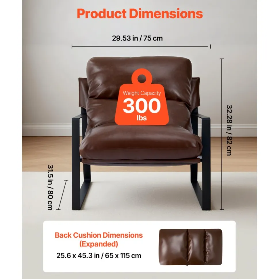 VEVOR Accent Chair, Modern PU Leather Armchair, Cozy Upholstered Chair, with Soft Foam Cushioning, Sturdy Metal Frame, and Detachable Cushion, for Living Room, Bedroom, Reading Room, Office, Brown