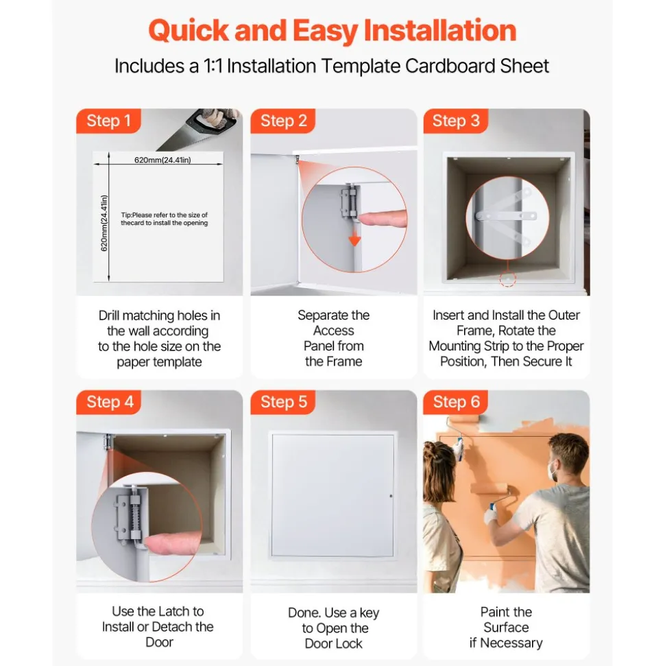 VEVOR Access Panel for Drywall, 25.2 x 25.2 in Galvanized Steel Access Door, Easy Install Hinged Service Panel with Key, for Ceiling Plumbing Electrical, 24.4 x 24.4 in Cutout Size, White