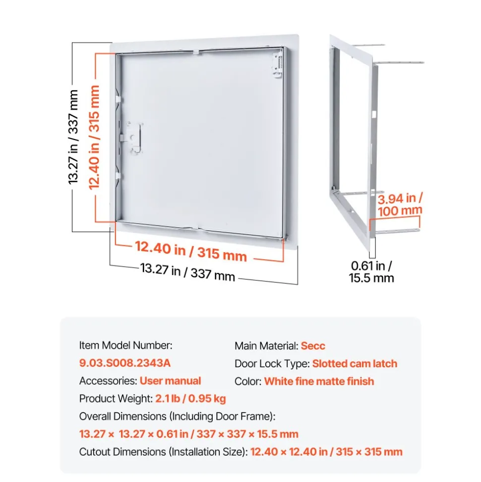 VEVOR Access Panel for Drywall, 13.3 x 13.3 in Galvanized Steel Access Door, Easy Install Hinged Service Panel with Screwdriver Latch, for Ceiling Plumbing Electrical, 12.4 x 12.4 in Cutout Size White