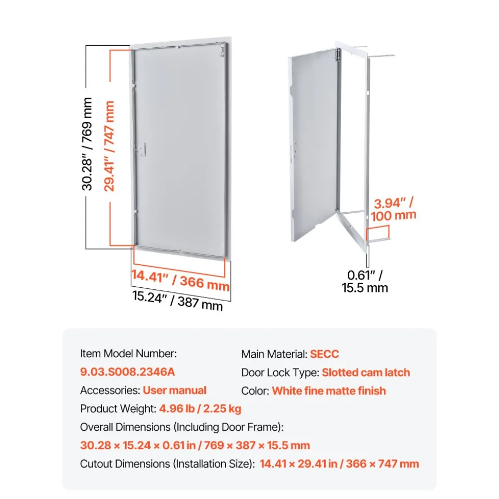 VEVOR Access Panel for Drywall, 30.3 x 15.2 in Galvanized Steel Access Door, Easy Install Hinged Service Panel with Screwdriver Latch, for Ceiling Plumbing Electrical, 14.4 x 29.4 in Cutout Size White