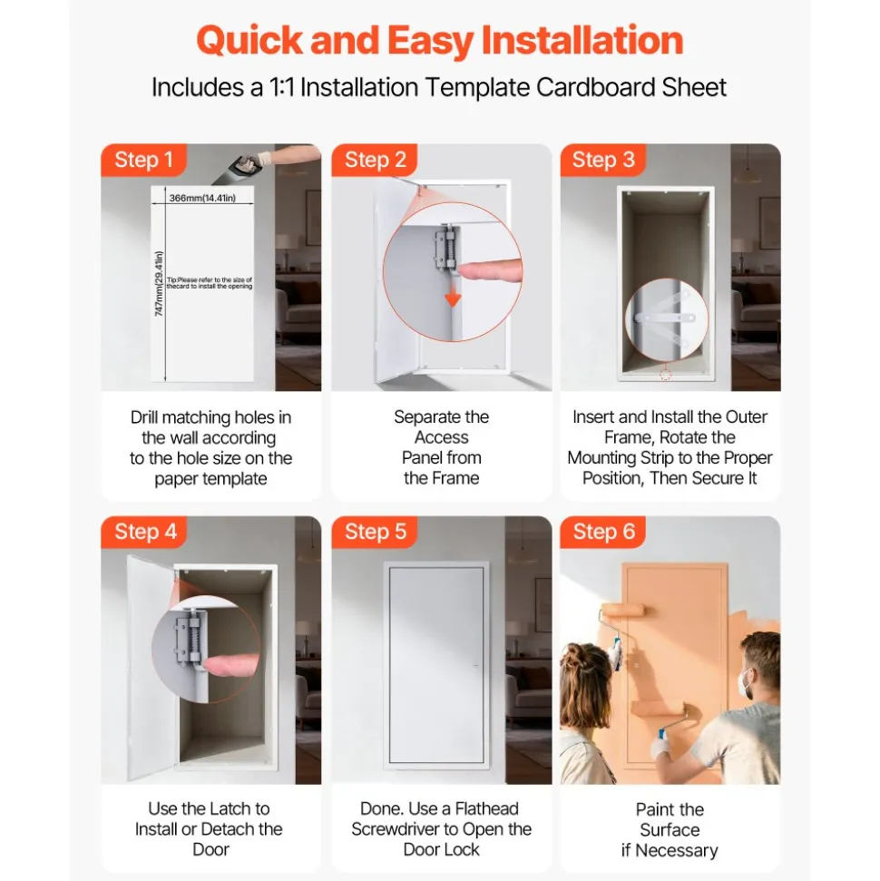 VEVOR Access Panel for Drywall, 30.3 x 15.2 in Galvanized Steel Access Door, Easy Install Hinged Service Panel with Screwdriver Latch, for Ceiling Plumbing Electrical, 14.4 x 29.4 in Cutout Size White