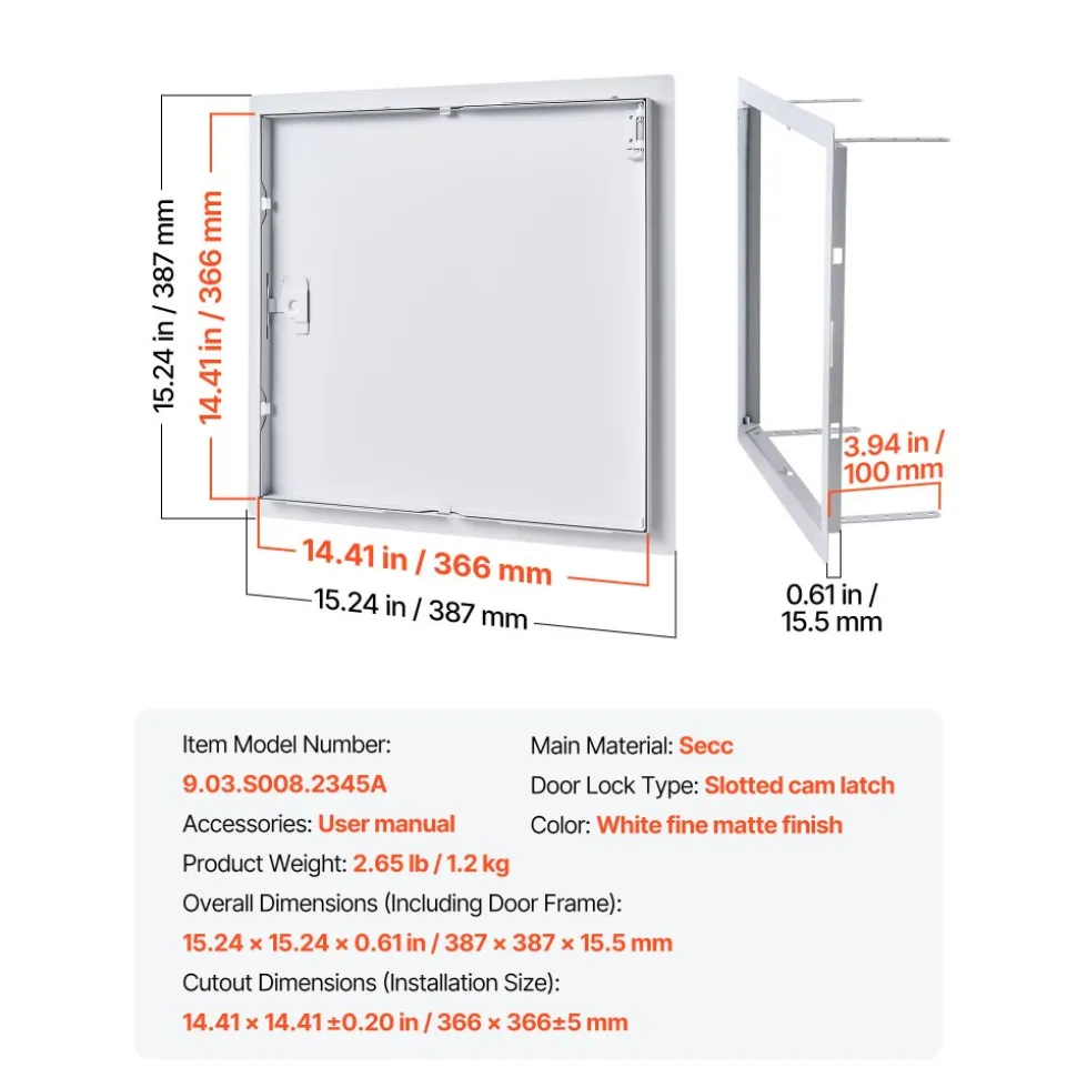 VEVOR Access Panel for Drywall, 15.2 x 15.2 in Galvanized Steel Access Door, Easy Install Hinged Service Panel with Screwdriver Latch, for Ceiling Plumbing Electrical, 14.4 x 14.4 in Cutout Size White