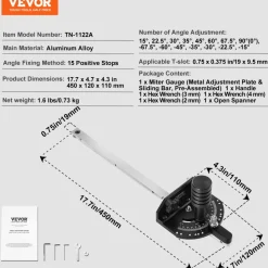 VEVOR Accurate Miter Gauge, Fits Slots 3/4'' x 3/8'', Crafted from Aluminum Alloy, Features 15 Adjustable Angle Stops, Spring-Loaded Plunger & Detachable Disc, Ideal for Woodwork & Table Saws