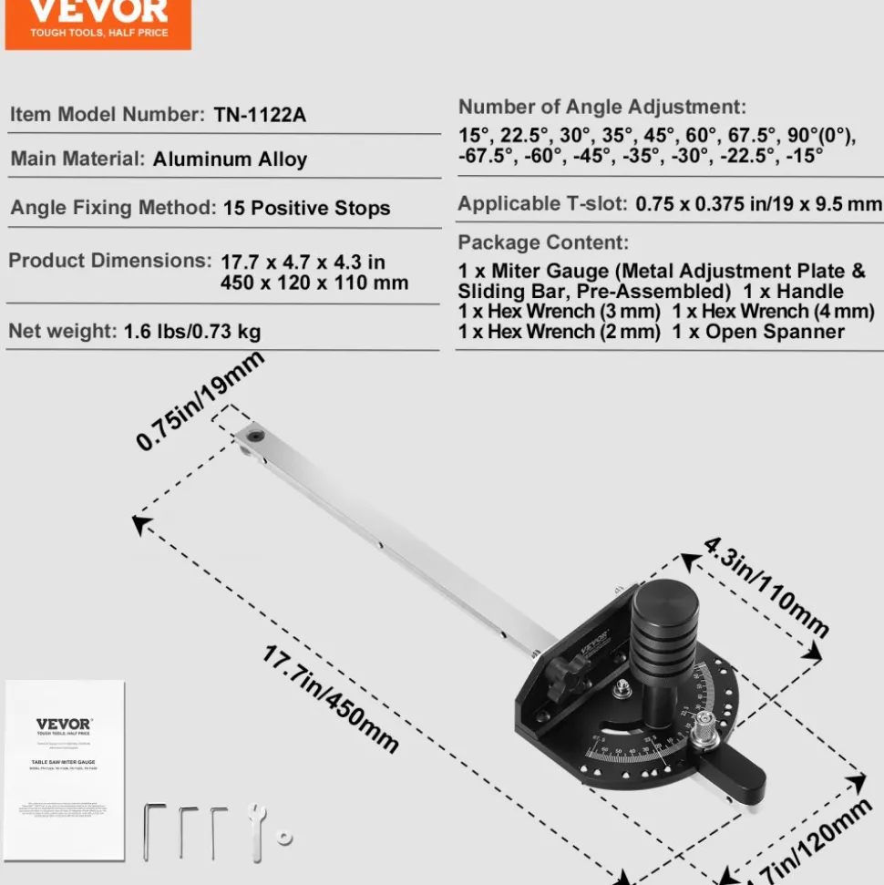 VEVOR Accurate Miter Gauge, Fits Slots 3/4'' x 3/8'', Crafted from Aluminum Alloy, Features 15 Adjustable Angle Stops, Spring-Loaded Plunger & Detachable Disc, Ideal for Woodwork & Table Saws