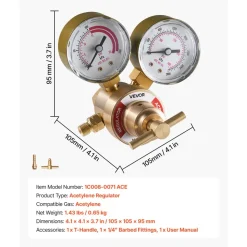 VEVOR Acetylene Regulator, Precise Acetylene Regulator, 0-400PSI Welding Gas Gauge with CGA-200 Inlet Connection & 9/16