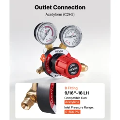 VEVOR Acetylene Regulator, Precise Acetylene Regulator, 0-500PSI Welding Gas Gauge with CGA-510 Inlet Connection & 9/16