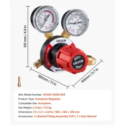 VEVOR Acetylene Regulator, Precise Acetylene Regulator, 0-500PSI Welding Gas Gauge with CGA-510 Inlet Connection & 9/16