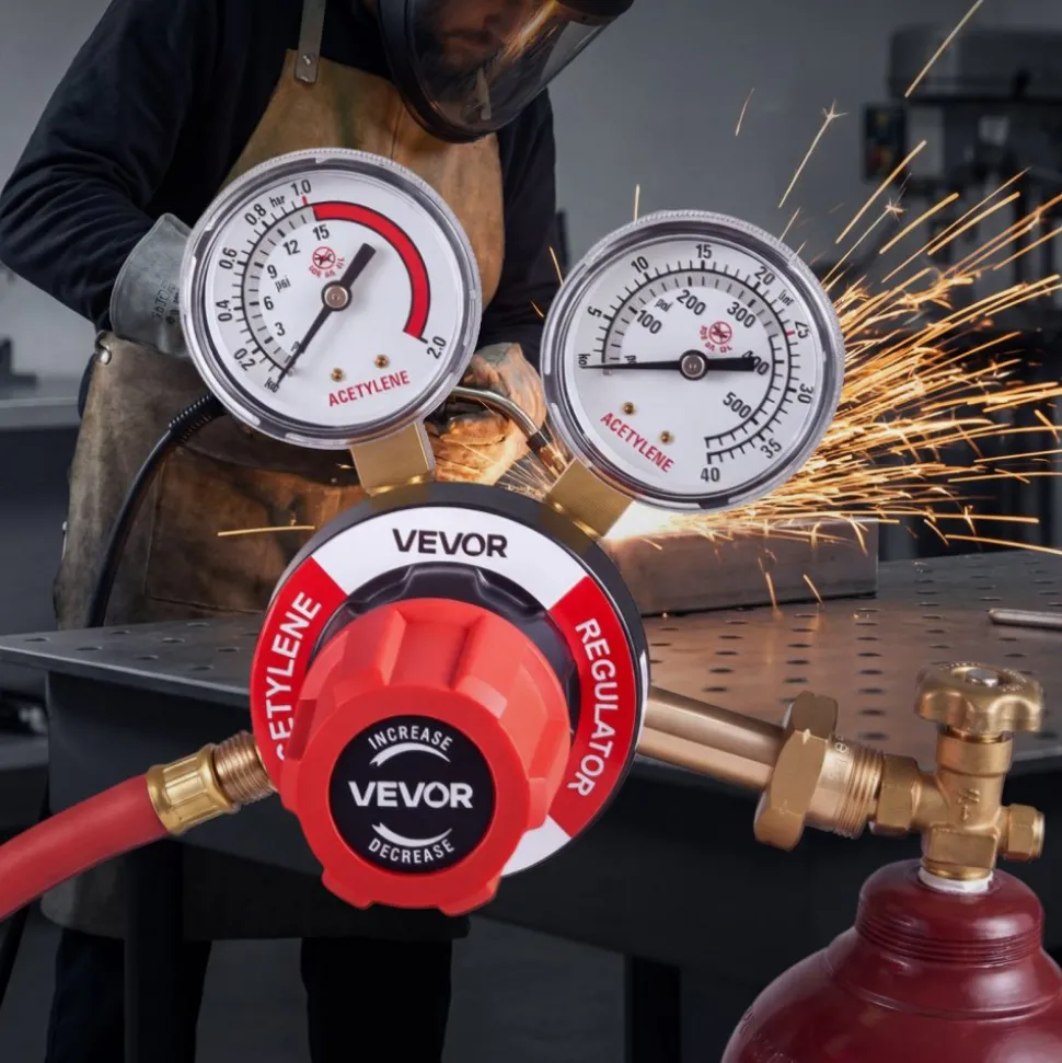 VEVOR Acetylene Regulator, Precise Acetylene Regulator, 0-500PSI Welding Gas Gauge with CGA-510 Inlet Connection & 9/16"-18 LH Outlet Connection, PC Knob Adjustment