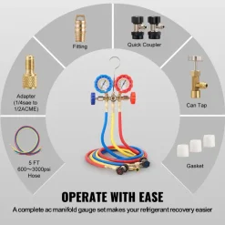 VEVOR AC Gauge Set - 3 Way AC Manifold Gauge Set for R134A R22 R12 R502 Refrigerant, Freon Gauges with 5ft Hoses, Couplers, Can Tap Works on Car Auto Freon Charging and Evacuation
