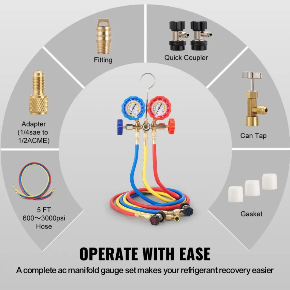 VEVOR AC Gauge Set - 3 Way AC Manifold Gauge Set for R134A R22 R12 R502 Refrigerant, Freon Gauges with 5ft Hoses, Couplers, Can Tap Works on Car Auto Freon Charging and Evacuation