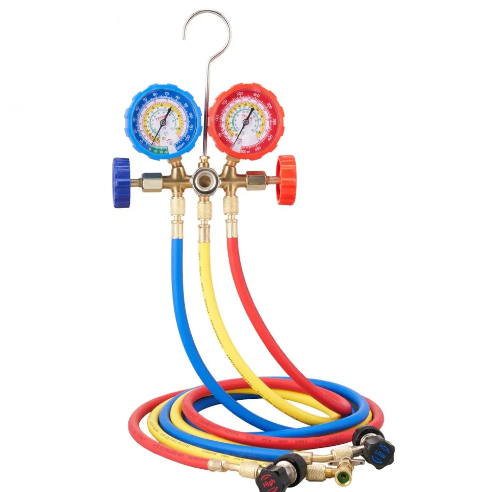VEVOR AC Gauge Set - 3 Way AC Manifold Gauge Set for R134A R22 R12 R502 Refrigerant, Freon Gauges with 5ft Hoses, Couplers, Can Tap Works on Car Auto Freon Charging and Evacuation