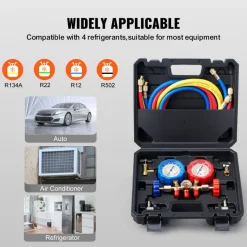 VEVOR AC Gauge Set - 3 Way AC Manifold Gauge Set for R134A R22 R12 R502 Refrigerant, Freon Gauges with 5ft Hoses, Couplers, Can Tap Works on Car Auto Freon Charging and Evacuation