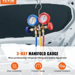 VEVOR AC Gauge Set - 3 Way AC Manifold Gauge Set for R134A R22 R12 R502 Refrigerant, Freon Gauges with 5ft Hoses, Couplers, Can Tap Works on Car Auto Freon Charging and Evacuation