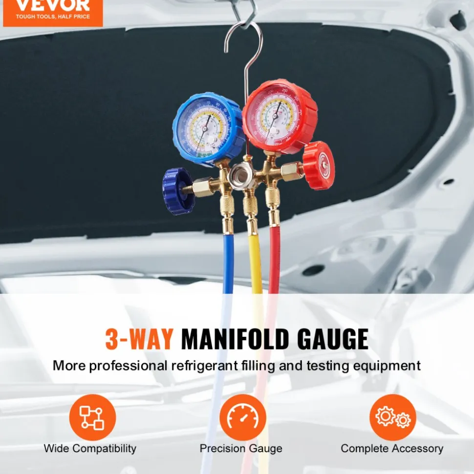 VEVOR AC Gauge Set - 3 Way AC Manifold Gauge Set for R134A R22 R12 R502 Refrigerant, Freon Gauges with 5ft Hoses, Couplers, Can Tap Works on Car Auto Freon Charging and Evacuation