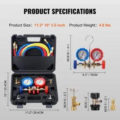 VEVOR AC Gauge Set - 3 Way AC Manifold Gauge Set for R134A R22 R12 R502 Refrigerant, Freon Gauges with 5ft Hoses, Couplers, Can Tap Works on Car Auto Freon Charging and Evacuation