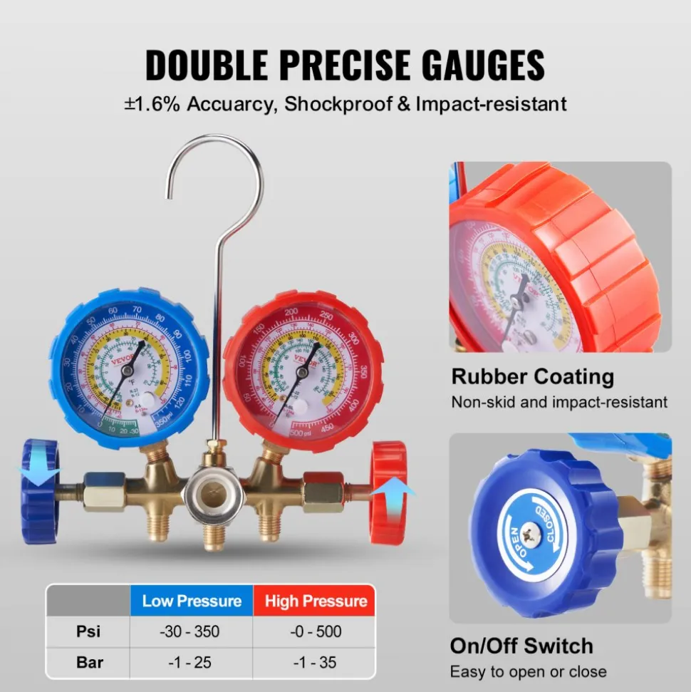 VEVOR AC Gauge Set - 3 Way AC Manifold Gauge Set for R134A R22 R12 R502 Refrigerant, Freon Gauges with 5ft Hoses, Couplers, Can Tap Works on Car Auto Freon Charging and Evacuation