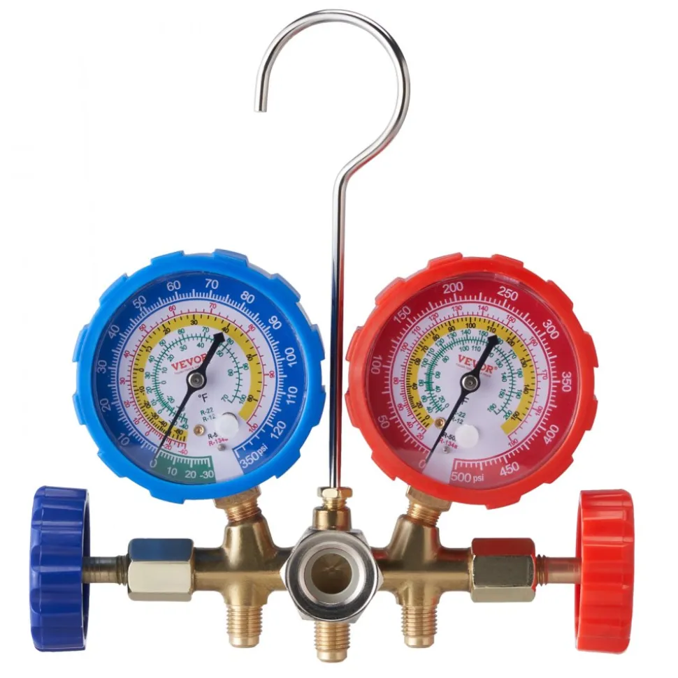 VEVOR AC Gauge Set - 3 Way AC Manifold Gauge Set for R134A R22 R12 R502 Refrigerant, Freon Gauges with 5ft Hoses, Couplers, Can Tap Works on Car Auto Freon Charging and Evacuation