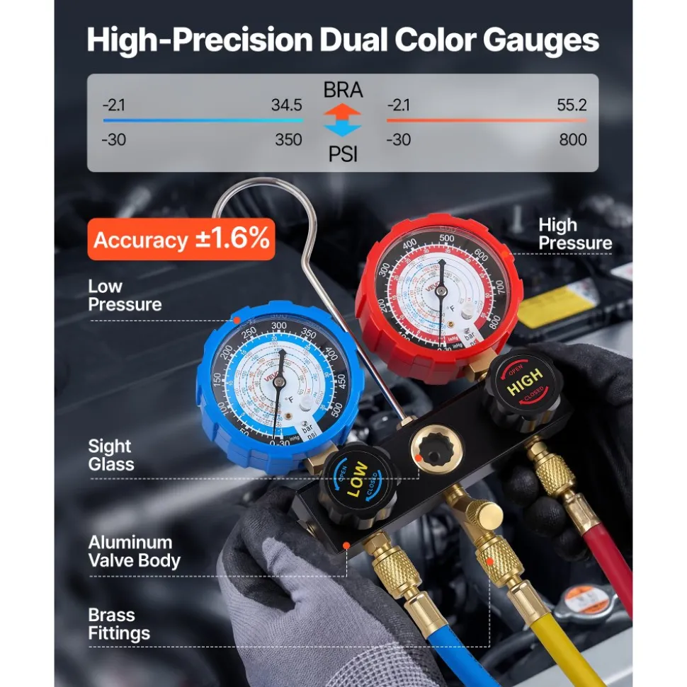 VEVOR AC Manifold Gauge Set for R134a R404A R1234yf R22 Refrigerant, 3 Way AC Gauge with 5 ft Hoses, Adapters, Quick Couplers, Can Taps for Automotive Air Conditioning Maintenance, Charging Evacuation