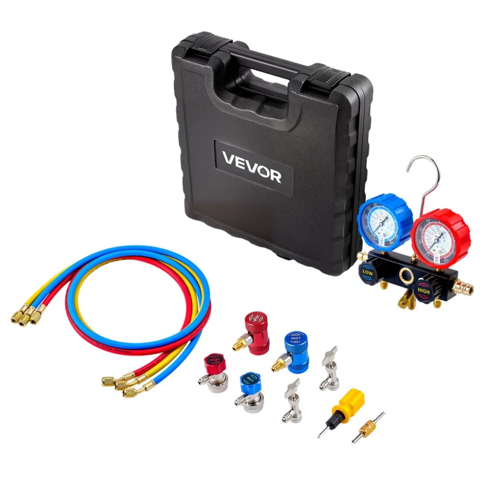 VEVOR AC Manifold Gauge Set for R134a R404A R1234yf R22 Refrigerant, 3 Way AC Gauge with 5 ft Hoses, Adapters, Quick Couplers, Can Taps for Automotive Air Conditioning Maintenance, Charging Evacuation