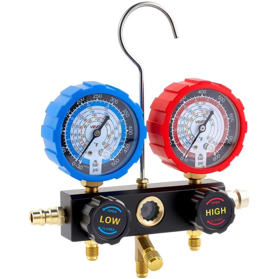 VEVOR AC Manifold Gauge Set for R134a R404A R1234yf R22 Refrigerant, 3 Way AC Gauge with 5 ft Hoses, Adapters, Quick Couplers, Can Taps for Automotive Air Conditioning Maintenance, Charging Evacuation