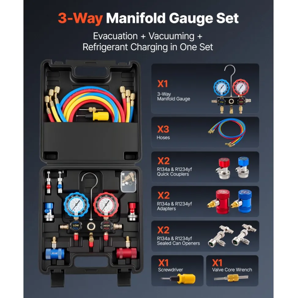 VEVOR AC Manifold Gauge Set for R134a R404A R1234yf R22 Refrigerant, 3 Way AC Gauge with 5 ft Hoses, Adapters, Quick Couplers, Can Taps for Automotive Air Conditioning Maintenance, Charging Evacuation