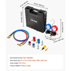 VEVOR AC Manifold Gauge Set for R134a R404A R1234yf R22 Refrigerant, 3 Way AC Gauge with 5 ft Hoses, Adapters, Quick Couplers, Can Taps for Automotive Air Conditioning Maintenance, Charging Evacuation