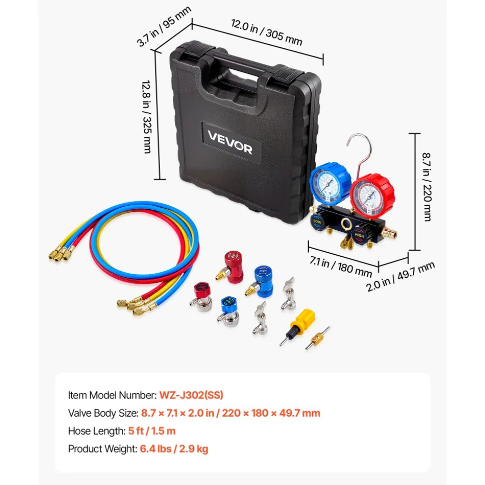 VEVOR AC Manifold Gauge Set for R134a R404A R1234yf R22 Refrigerant, 3 Way AC Gauge with 5 ft Hoses, Adapters, Quick Couplers, Can Taps for Automotive Air Conditioning Maintenance, Charging Evacuation