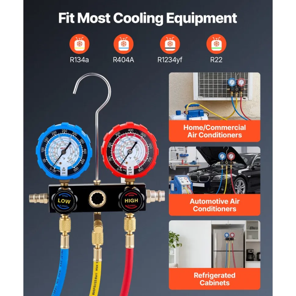 VEVOR AC Manifold Gauge Set for R134a R404A R1234yf R22 Refrigerant, 3 Way AC Gauge with 5 ft Hoses, Adapters, Quick Couplers, Can Taps for Automotive Air Conditioning Maintenance, Charging Evacuation