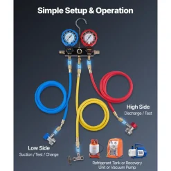VEVOR AC Manifold Gauge Set for R134a R404A R1234yf R22 Refrigerant, 3 Way AC Gauge with 5 ft Hoses, Adapters, Quick Couplers, Can Taps for Automotive Air Conditioning Maintenance, Charging Evacuation