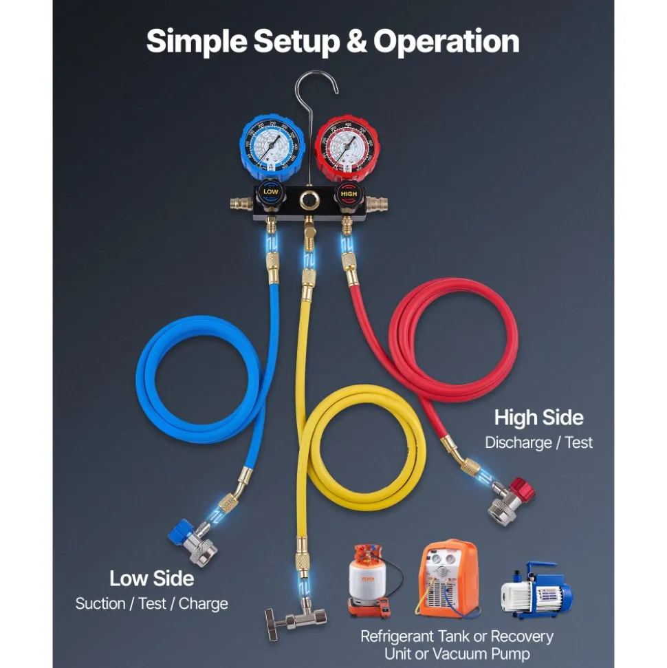 VEVOR AC Manifold Gauge Set for R134a R404A R1234yf R22 Refrigerant, 3 Way AC Gauge with 5 ft Hoses, Adapters, Quick Couplers, Can Taps for Automotive Air Conditioning Maintenance, Charging Evacuation