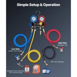 VEVOR AC Manifold Gauge Set for R134a R404A R1234yf R22 Refrigerant, 4 Way AC Gauge with 5 ft Hoses, Adapters, Quick Couplers, Can Taps for Automotive Air Conditioning Maintenance, Charging Evacuation