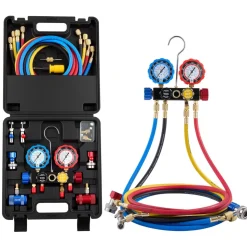 VEVOR AC Manifold Gauge Set for R134a R404A R1234yf R22 Refrigerant, 4 Way AC Gauge with 5 ft Hoses, Adapters, Quick Couplers, Can Taps for Automotive Air Conditioning Maintenance, Charging Evacuation